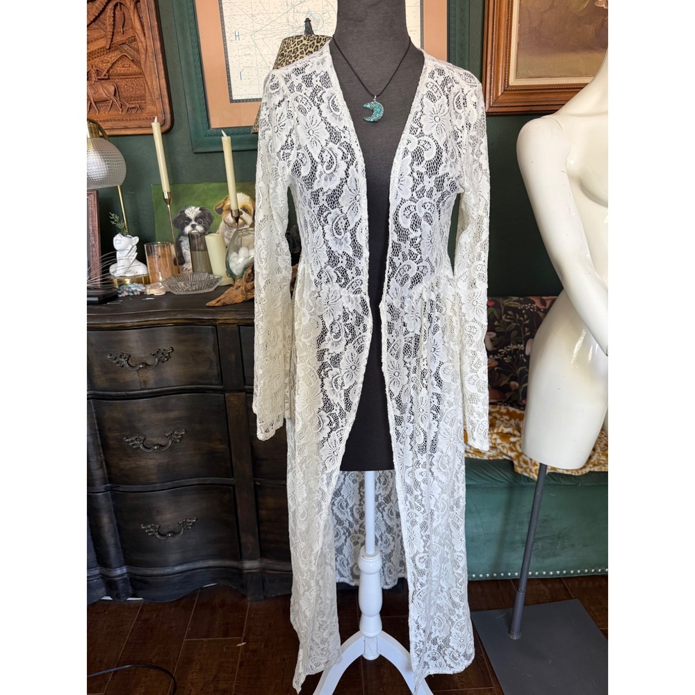 Turquoise Haven Cream Floral Lace Maxi Duster Cardigan Bell Sleeve Boho Womens